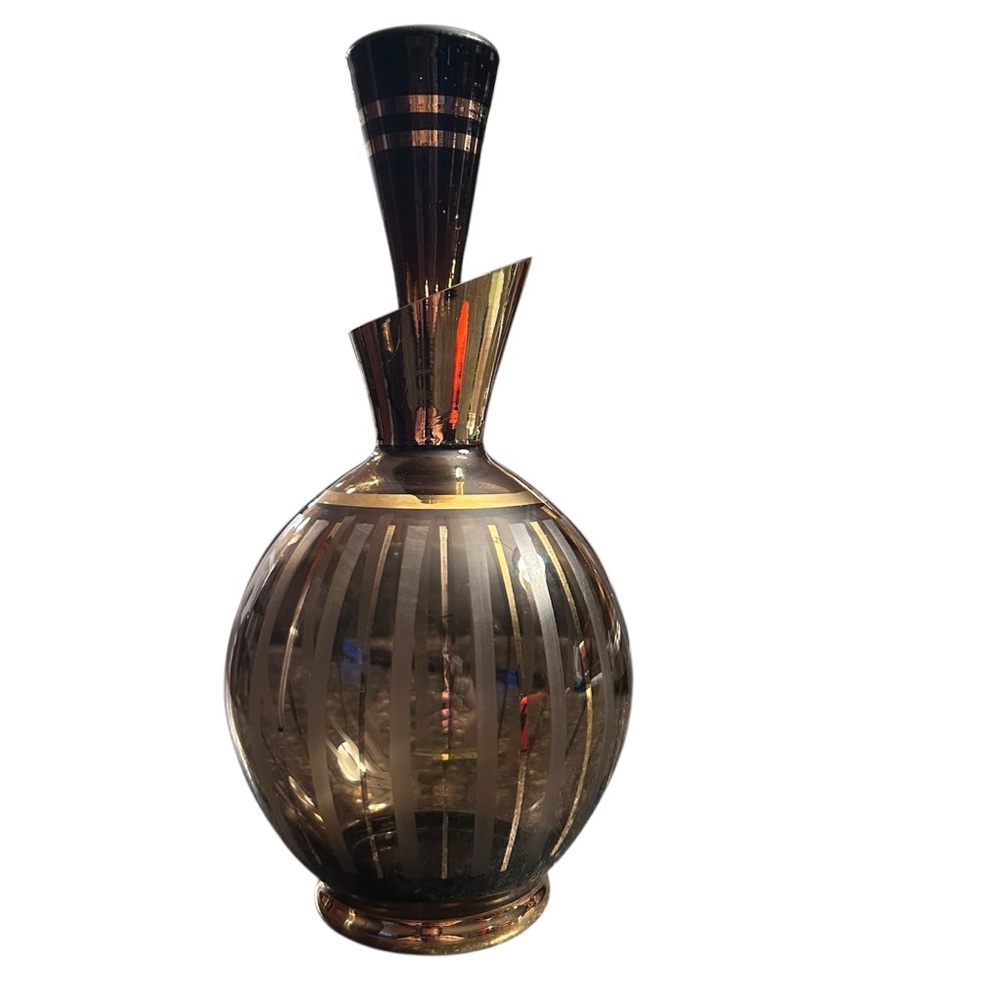 Vintage Mid Century Modern Brown Gold Striped Glass Decanter‎ Atomic Style READ